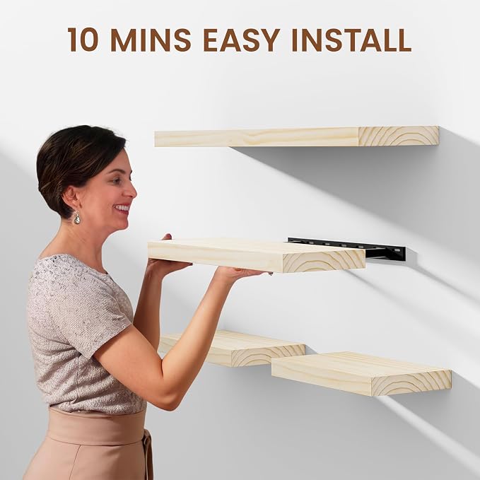 Heimlove Unfinished Wood Floating Shelves, Pine Shelves for Wall Set of 2, Wall Mounted Rustic Wood 8 Inch Deep Floating Shelf with Invisible Brackets for Bedroom Kitchen Living Room - Natural, 36x8