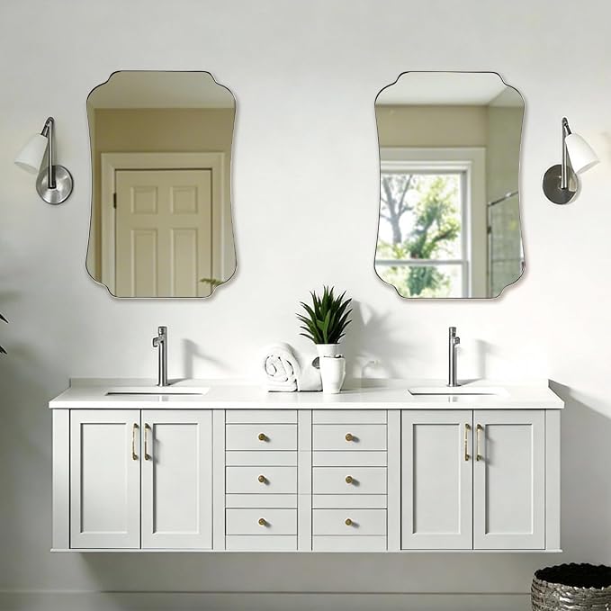 ANDY STAR 26"x38" Brushed Nickel Mirror, Scalloped Bathroom Wall Mirror with Metal Frame for Vanity, Scalloped Edge Design for Entryway, Living Room & Bedroom