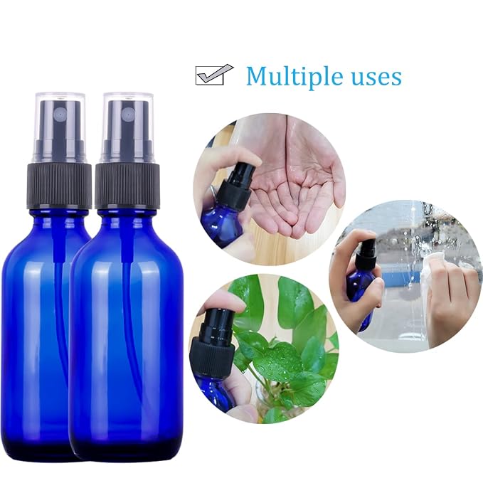 LUFEVRM 2oz Blue Glass Spray Bottles,Empty Small Perfume Travel Refillable Reusable Fine Mister Spray Bottle for Hair,Cleaning Solutions,Aromatherapy and Essential Oil with Extra Nozzle(2 Pack)
