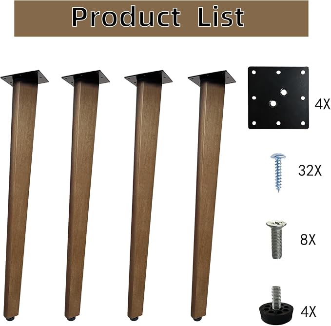 QLLY 26 inch Slant Wooden Table Legs, Solid Wood Angled Desk Legs, Furniture Legs, Set of 4, Easy to Install - Perfect for DIY Dining Tables, Coffee Tables, and Benches (Walnut, 26")