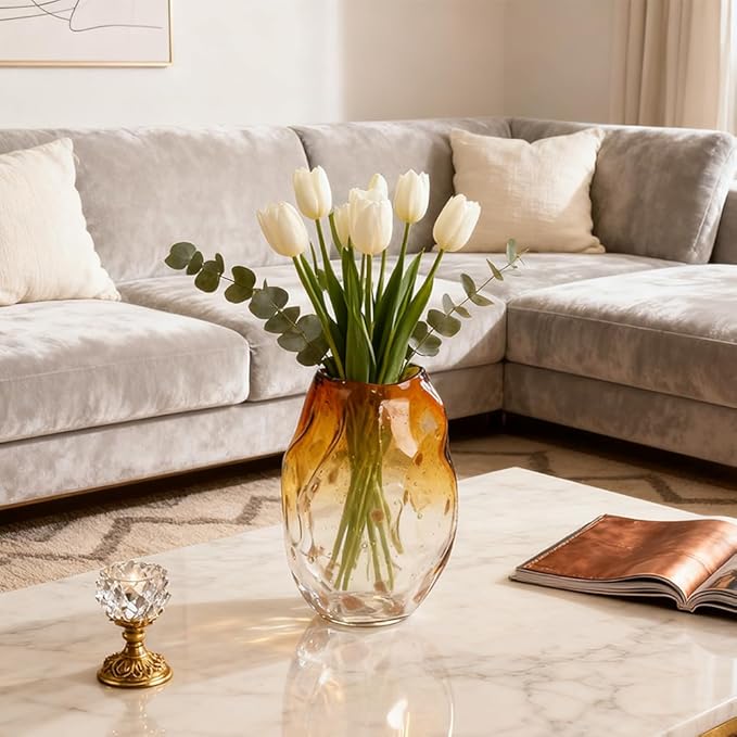 Amber Glass Vase – 9in Handmade Decorative Vase for Flowers, Modern Brown Gradient Glass Vase for Home Decor, Living Room Centerpiece, Dining Table, Entryway or Wedding Decoration