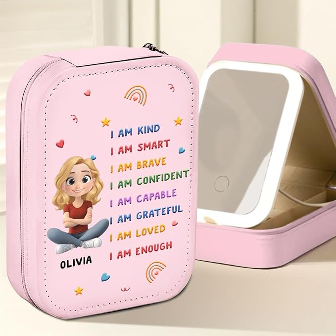 Wrappiness Girls & Women Lovely Makeup Box With LED Mirror - Personalized Jewelry Box Organizer Portable Ideal for Travel, Gift for Daughters Sisters Friends (Kind Smart Loved, Women)