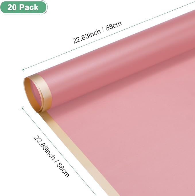 M METERXITY 20 Sheets Flower Wrapping Paper Bouquet, 23 Inch Pink Gold Edge BOPP Waterproof Floral Wrapping Paper Flower Packaging DIY for Wedding/Party/Birthday/Gift Bouquet Wrap Paper