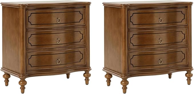 HULALA HOME Traditional Side Tables with 3 Drawers, Tall Side Table with Curved Front Profle Desgin, Charging Station, Solid Wood Legs, Set of 2, SEADRIFT
