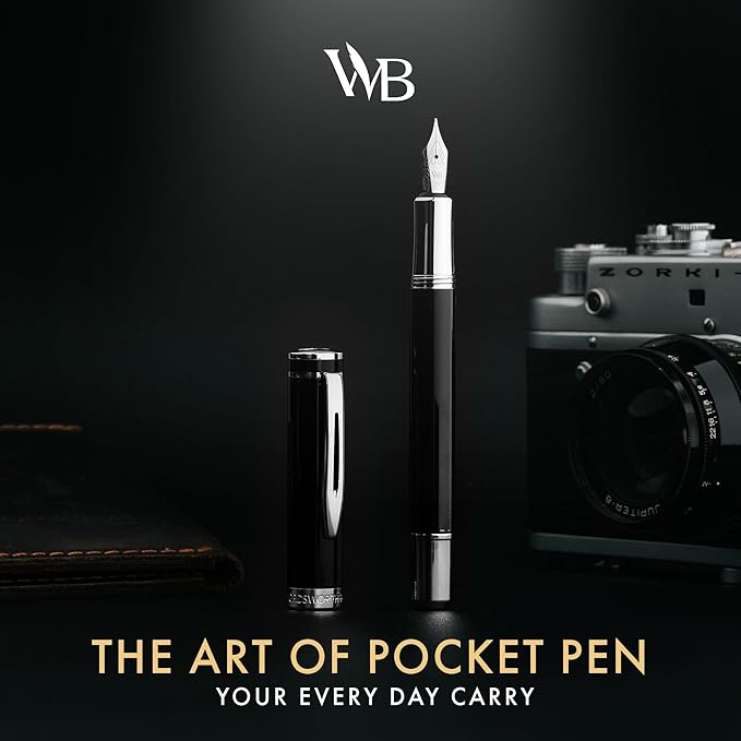 Wordsworth and Black Fountain Pen Mini EDC: Luxury Black Heavy Pocket Pen, Chrome Finish, Medium Nib, 6 Ink Cartridges, Ink Converter, Travel Refillable Writing Pen Gift Set, Men & Women