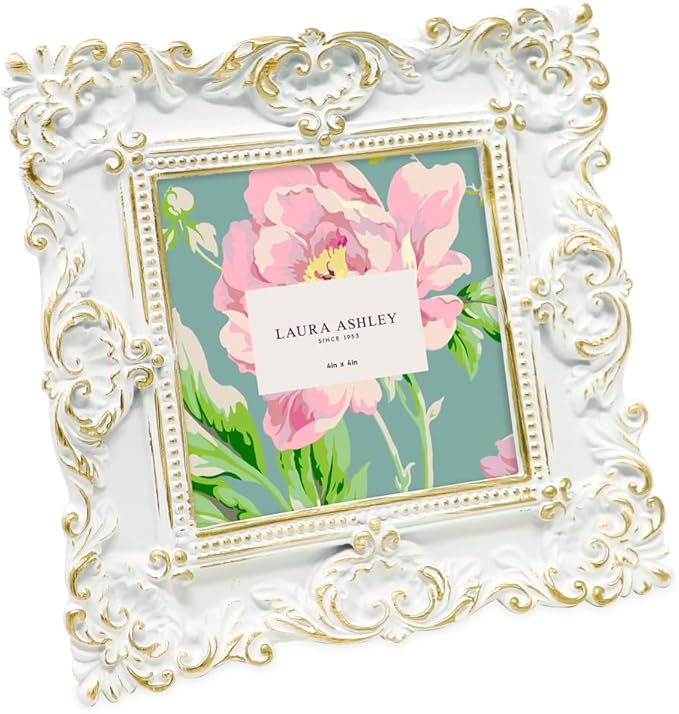 Laura Ashley 4x4 White & Gold Ornate Textured Hand-Crafted Resin Picture Frame w/Easel & Hook for Tabletop & Wall Display, Decorative Floral Design Home Décor, Photo Gallery, Art (4x4, White/Gold)