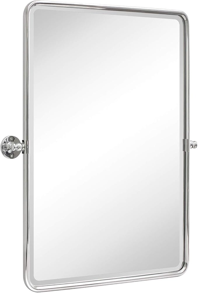 TEHOME Chrome Pivot Rectangle Bathroom Vanity Mirrror Farmhouse Tiltable Rounded Metal Framed Pivoting Bathroom Mirror with Beveled Mirrror, Overall 26.91 x 35 inches (Mirrror 23 x 35 inches)
