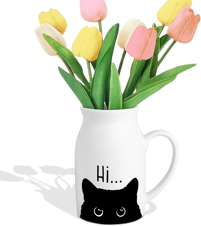 Cute Cat Themed Gifts, Small Ceramic Flower Vase Funny Coffee Mug for Cat Lover Owner Women Friend, Home Living Room Farmhouse Office Desk Table Shelf Decor (No Plants)