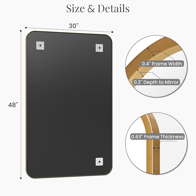 30x48 Inch Oversized Antique Gold Bathroom Vanity Mirrors | Flush Mount Deep Set Metal Wall Mirror for Over Sink | HD Shatterproof Glass, Rustproof | 1 Pack