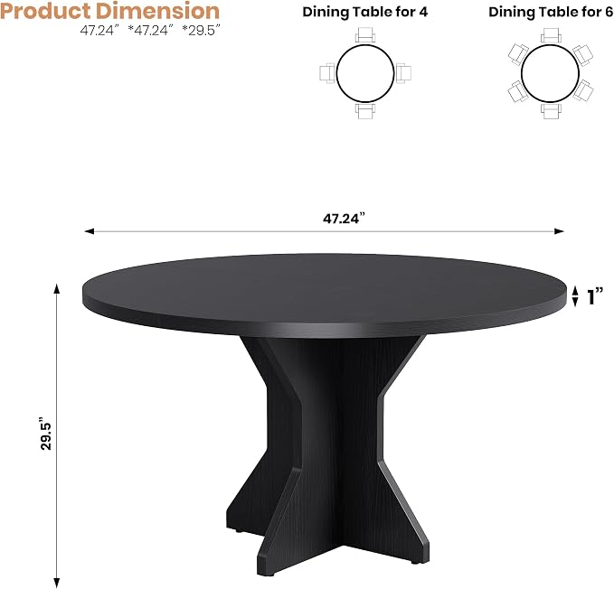 Garvee Round Dining Table for 4-6 People - 47" Circle Kitchen Dinner Table with Sturdy Pedestal Base, Small Spaces Dinning Room Furniture for Living Room, Kitchen, Apartment, Black
