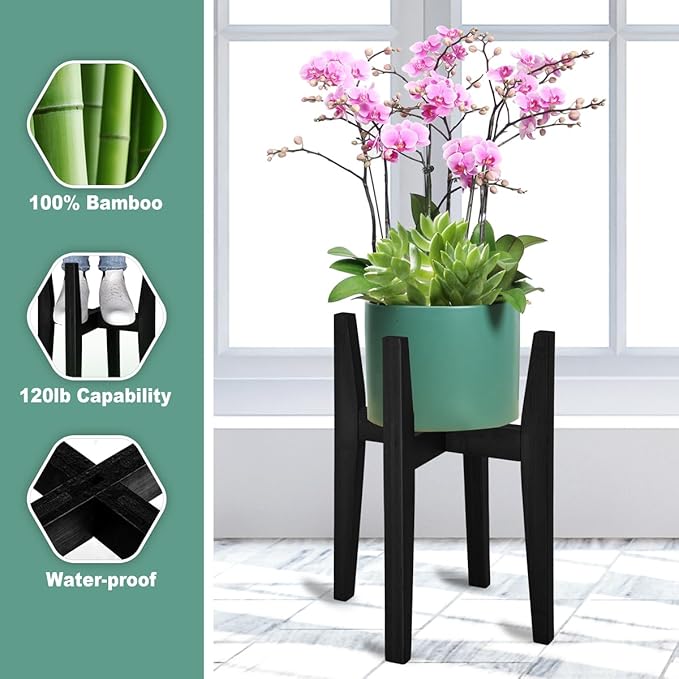 Rnined Plant Stand Indoor, Bamboo Plant Shelf, Adjustable Corner Plants Flower Holders Single Floor Plant Stand, Fits 8 to 12 Inches Pots,(Pot & Plant Not Included)(Black)