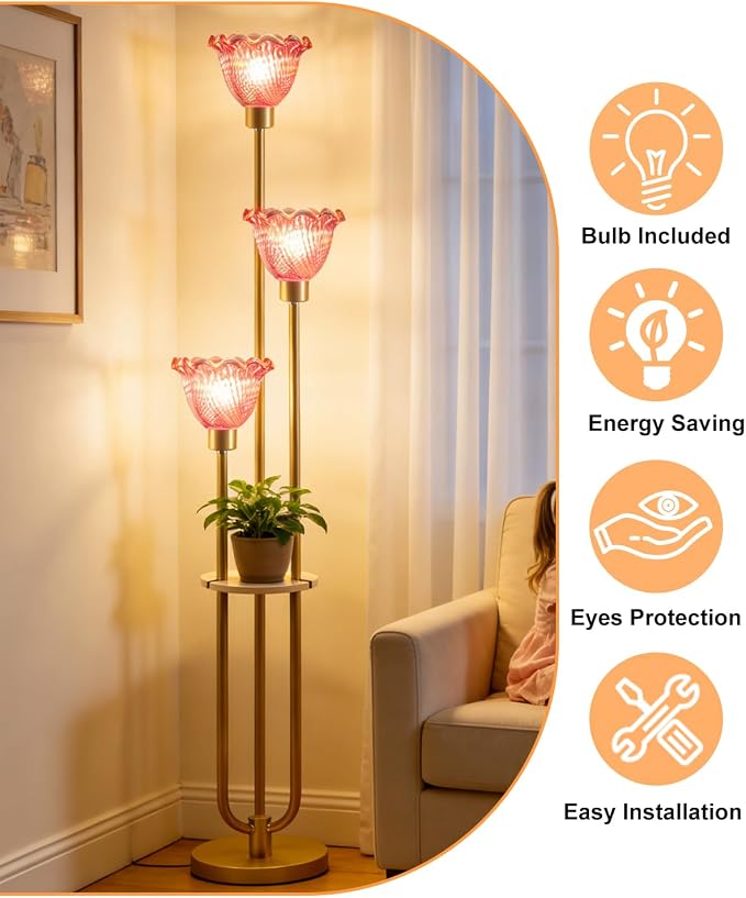 Lightdot Glass Floor Lamp for Living Room Gold Floor Lamp with Rose Red Glass Shade & 3000K Bulbs Included Modern Tall Standing Lamp with 5Lbs Heavy Base for Bedroom/Sofa Beside/Corner Decor