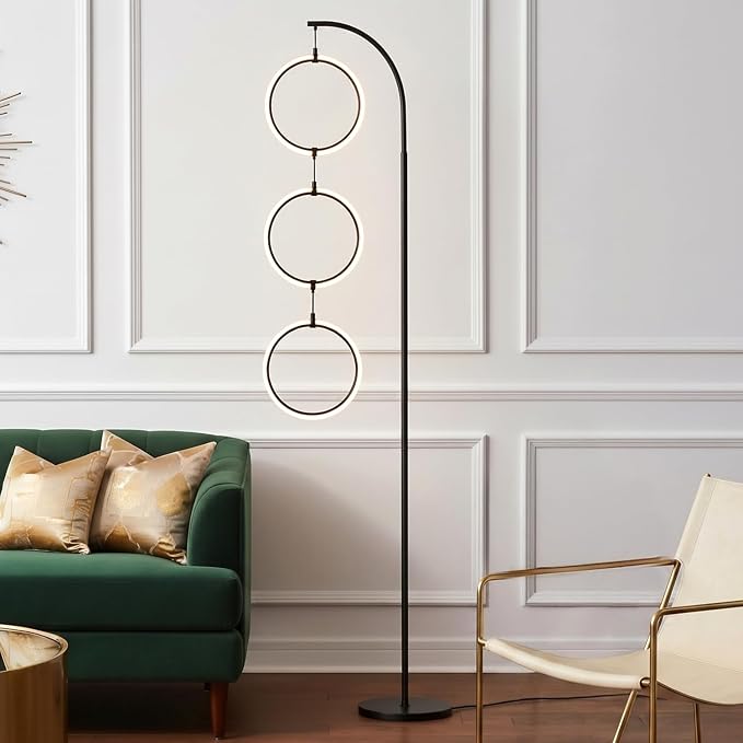 Brightech Nova Modern Floor Lamp Matches Living Room Décor - Contemporary Arc Tall Lamp with 3-Circle Ring-Style Pendant - Over The Couch Standing on Arching Pole - Eclectic- Black