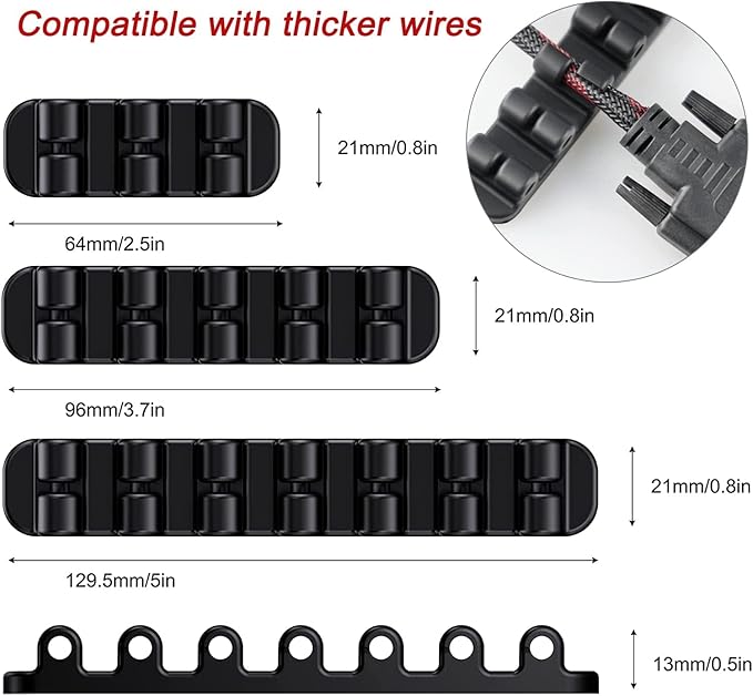 SOULWIT Upgraded Cable Holder, Cable Management Cord Organizer Clips Silicone Self Adhesive for Desktop USB Charging Cable Power Cord Bedside Wire PC Office Home (3/5/7 slot,Black)