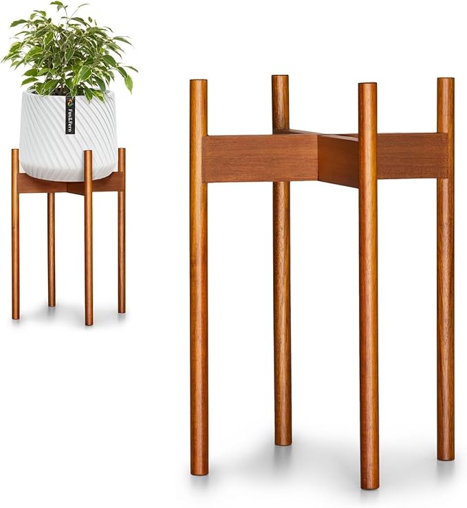 Fox & Fern Mid Century Tall Plant Stand — 10 Inch Fixed Size Raised Wooden Plant Stand for Indoor Planters (Not Included); Modern Flower Pot Holder with Plug In Design; Easy to Assemble - Acacia