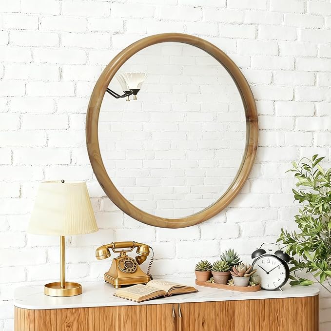 Elountik 35.43 Inch Round Wall Mirror with Natural Wood Frame for Bathroom, Bedroom, Entryway, Mid-Century Modern Decorative Circle Mirror