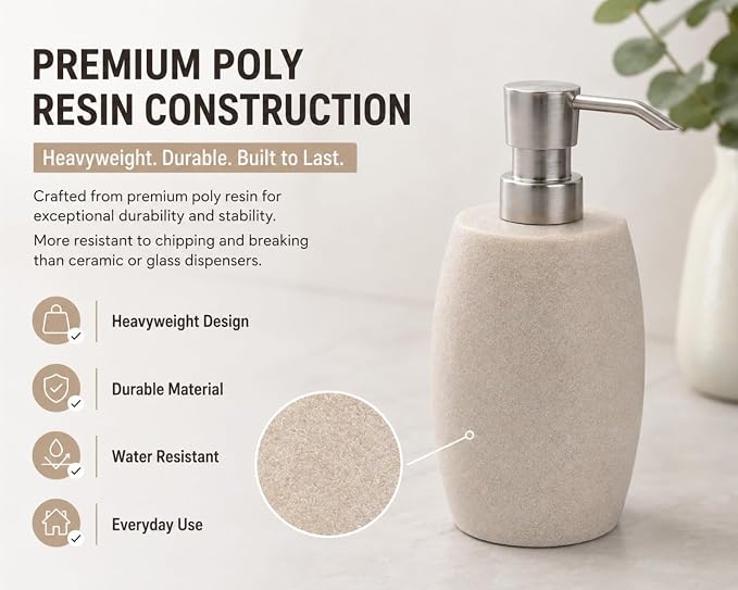 Clasin Home Sandstone Textured Resin Soap Dispenser with Metallic Pump and Waterproof Bottle Labels for Bathroom Kitchen Dish Hand Wash Shower Lotion Shampoo, 12 Oz, Beige