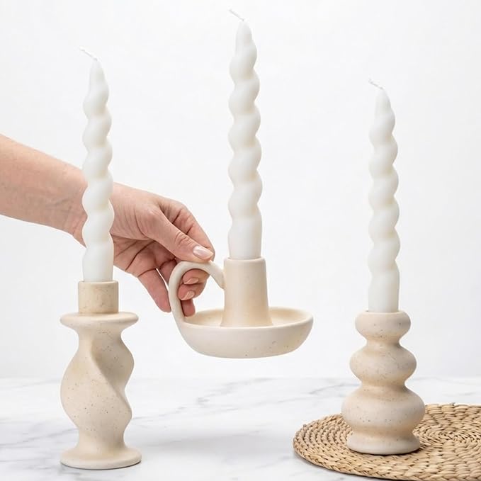 Ceramic Taper Candle Holders Set of 3, Cream White Candlestick Holder Nordic Modern Decorative Candle Stand for Home Decor, Dining Table Centerpiece, Housewarming Gift