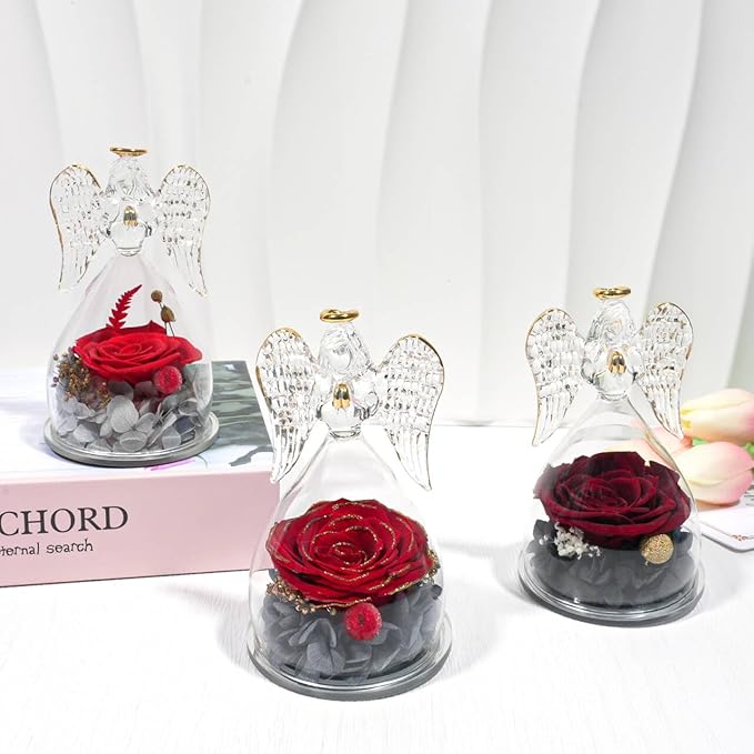 Yamonic Mom Birthday Gifts for Women,Glass Angel Figurines Real Rose Gifts for Grandma,Preserved Roses Forever Flower for Christmas Mothers Day Wife Anniversary Valentine's Day Gifts for Her(WineRed)