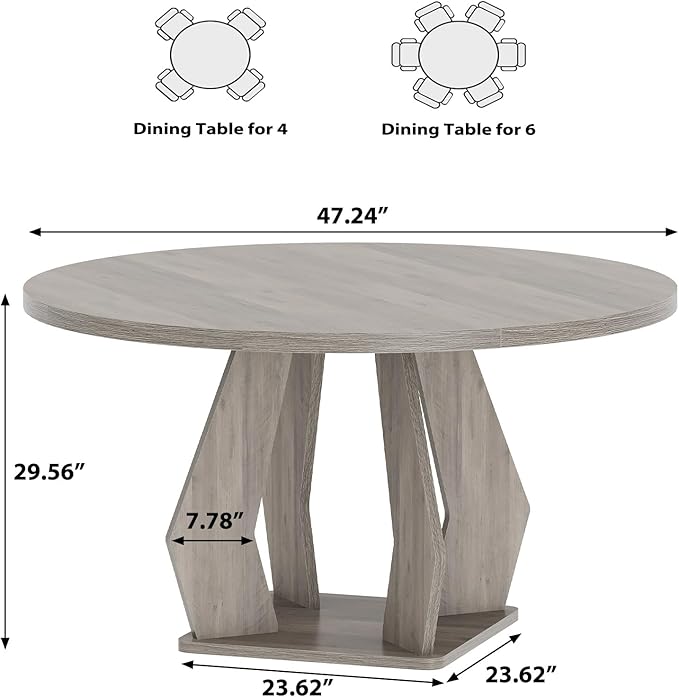 IBF Round Dining Table,Farmhouse Pedestal Dining Tables for 4 to 6,Grey Dining Table for Kitchen and Living Room,47 Inch Dinner Tables for Office,Apartment,Dining Room