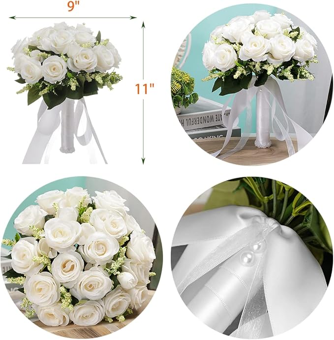CYANLUX Wedding Bouquets for Bride Bridesmaid Bouquet Champagne White Artificial Roses Flowers for Wedding Valentine's Day Church Home Decoration (1#White)…