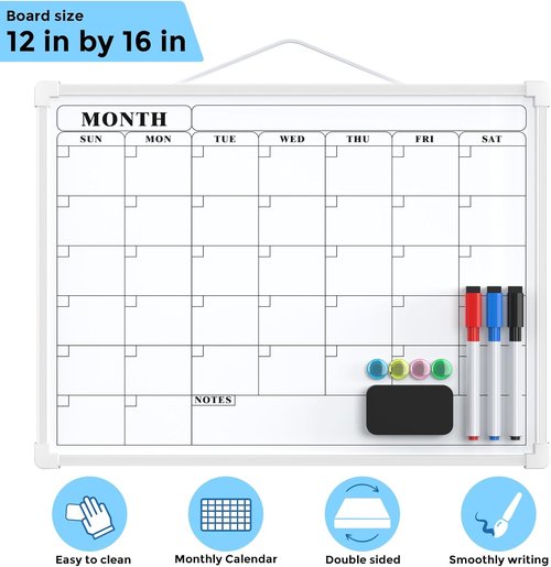 MaxGear Dry Erase Calendar Board - Double-Sided 16"x12" Portable Whiteboard for Planning & Memo