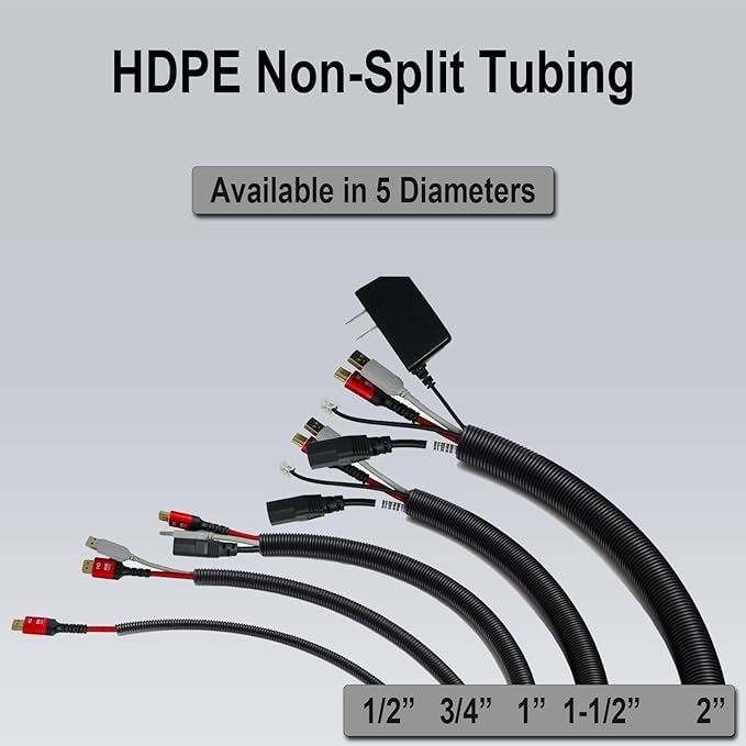 Flexible Polyethylene HDPE Non-Split Corrugated Wire Loom Tubing (Black, 1/2" Dia. x 100 ft)