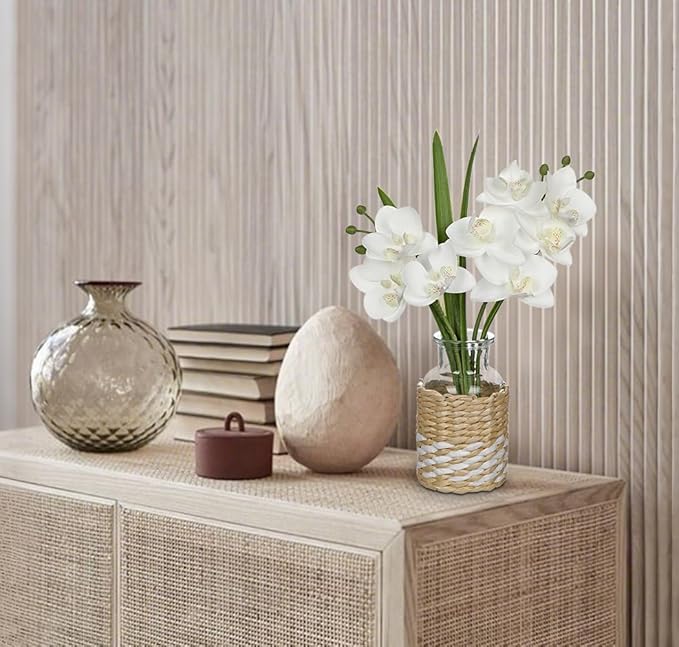 Oairse White Orchids Artificial Flowers with Vase, Small Faux Orchid Arrangement Fake Flower in Woven Glass Vase Small White Centerpieces for Kitchen Dining Room Tables Bathroom Nightstand Decor