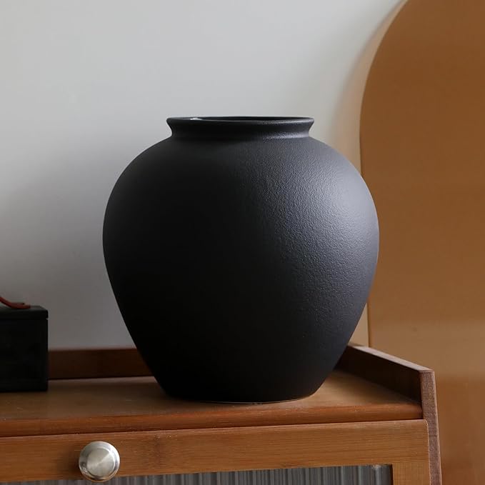 Large Black Ceramic Flower Vase,Decorative Jar Flower Vase, Decorative Jar Modern Centerpiece Table Decorations,Rustic Ceramic vases for Home Decor Dining Room (Black, 0617)