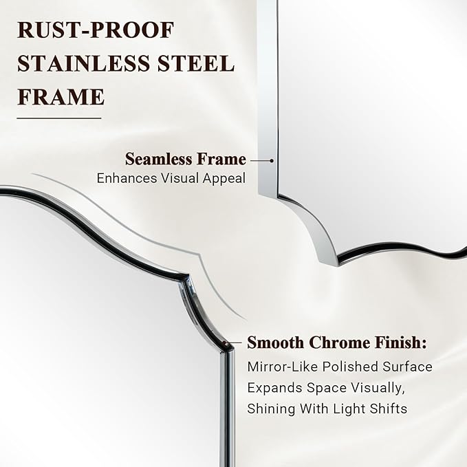 ANDY STAR Chrome Mirror 24x36, Polished Silver Bathroom Mirror, Modern Wavy Mirror with Sophisticated Curved Design, SUS304 Anti-Rust, 1’’ Deep Wall-Mounted Vertically/Horizontally