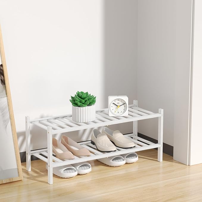 RONGJlA 2 Tier Bamboo Shoe Rack for Closet Free Standing Wood Shoe Shelf Storage Organizer for Entryway Small Space Stackable, White