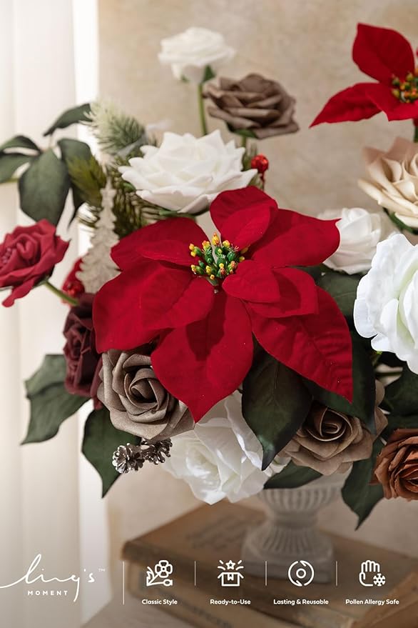 Ling's Moment Fake Flowers Box, Faux Artificial Greenery Stems Foam Roses Silk Leaves Fabic Flower for Centerpiece Bouquet Wedding Table Floral Vase Bridal Shower Party, Classic Christmas, Grand Combo