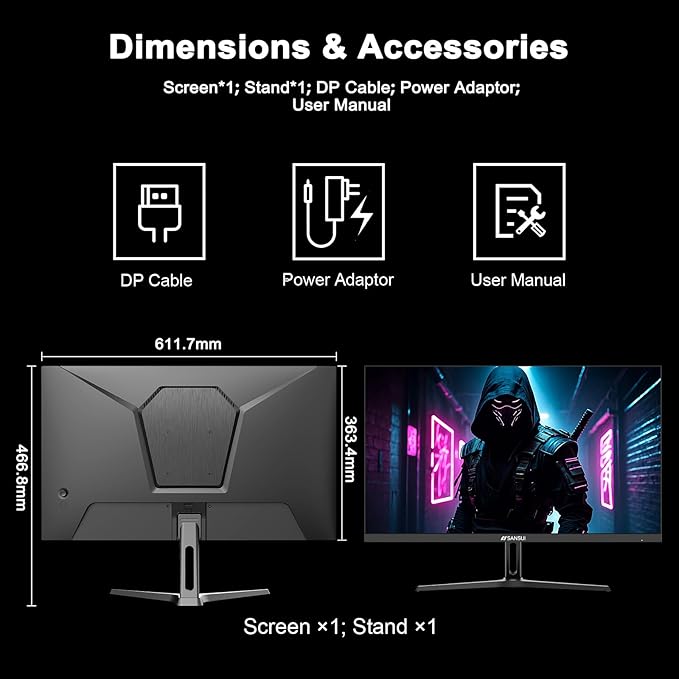 SANSUI 27 Inch WQHD 2560 x 1440 IPS Gaming Monitor, 200Hz 180Hz 1ms Computer Monitor, DP 1.2 x2 | HDMI 2.0 x2 | VESA Mount, 120% sRGB HDR Eye Care Metal Stand (DP Cable Included)