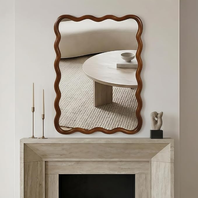 Elountik Wavy Rectangle Solid Wood Decorative Mirror, 30x40 Inches, Black Walnut Frame for Living Room, Bedroom, Bathroom & Entryway Wall Décor