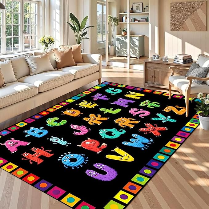 Alphabet Monster Area Rug for Kids 6'x9' Colorful ABC Learning Carpet Non Slip Educational Play Mat for Nursery Bedroom Playroom Classroom Living Room Home Decor