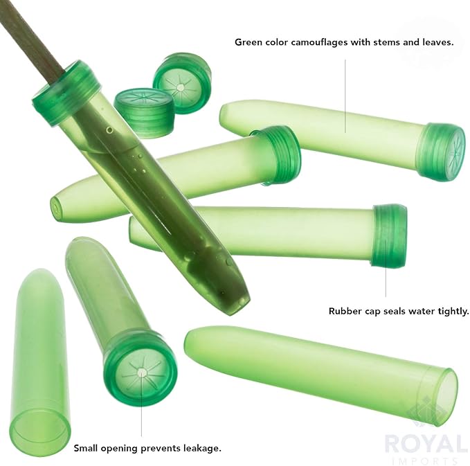 Royal Imports Floral Water Tubes with Caps – 3" Green Plastic Flower Vials for Single Stem Roses, Buds, Bouquets – Standard Style, 1/2" Opening – 100 Pack