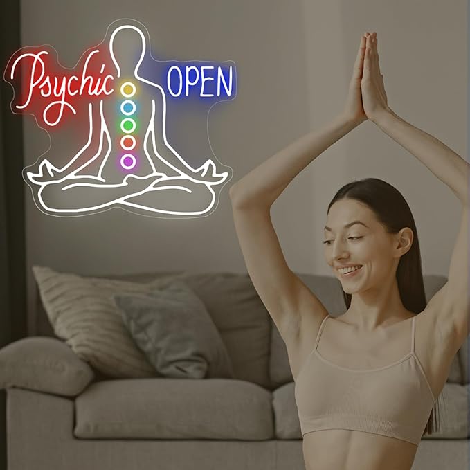 Psychic Open Neon Sign Charka Neon Light, Yoga Led Sign, Exercise Room Wall Decor, Buddha Lotus, Pilates Studio Art Meditation Room Wall Art Yoga Lover Gift, Psychic Chakras Healing Exercise, 20"*x17.3"