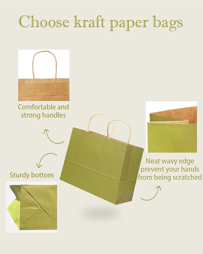 qiqee 13"x4.5"x10" Large Gift Bag with Handles Bulk 32PCS Gift Paper Bags Sage Green Bags Multiple Uses (Wide Large)