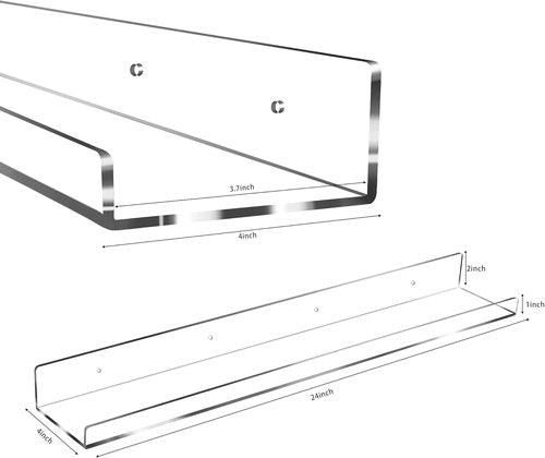 Jansburg 24-Inch Clear Acrylic Floating Shelves - 4 Pack Invisible Wall Ledge for Bathroom & Kitchen Organization