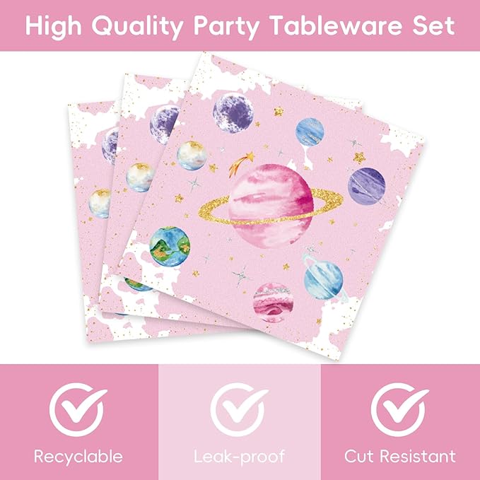 48pcs Pink Space Party Decoration Set,16 Dessert plate,16 Napkin And 16 Fork,16 persons Disposable tableware,Used Galaxy Space Planet Astronauts Birthday Party Supplies (Multicolor 18)