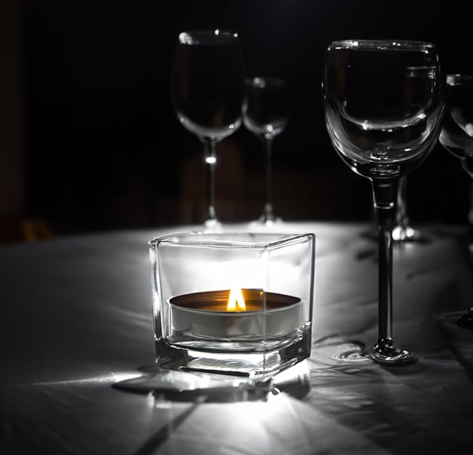 WGV 3 Inch Clear Square Cube Glass Votive Candle Holder Vase Bulk, Small Tiny Mercury Tea Light Terrarium Décor 3x3”, 6 Pieces