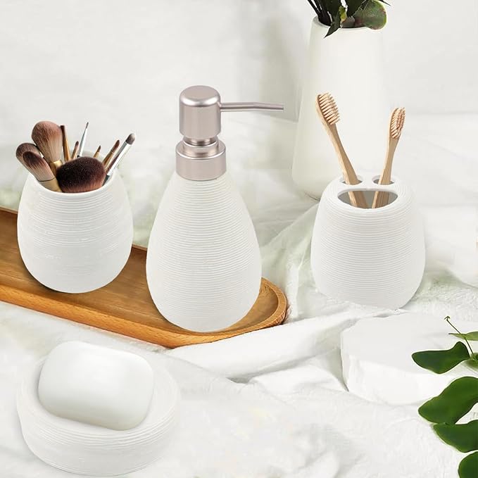 CERBIOR Bathroom Accessories Set,4 Pcs Ceramic Bathroom Decor Accessory,Includes Toothbrush Holder, Toothbrush Cup, Soap Dish for Decorative Countertop and Housewarming Gift(White 4pcs)