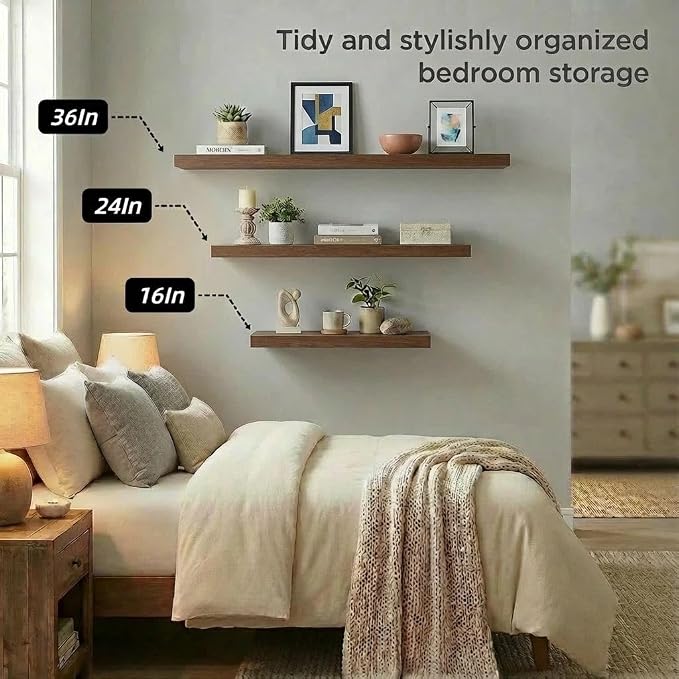 SAUMONIERES Floating Shelves Wall Shelf Solid Wood for Bathroom Bedroom Kitchen Storage Set of 3, Walnut Wall Shelves