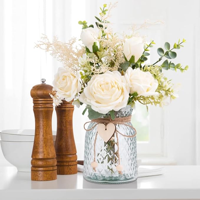 Silk Rose Flowers in Vase, Artificial Flowers Arrangement with Glass Vase Faux Rose for Decoration Table Centerpiece (White Rose)