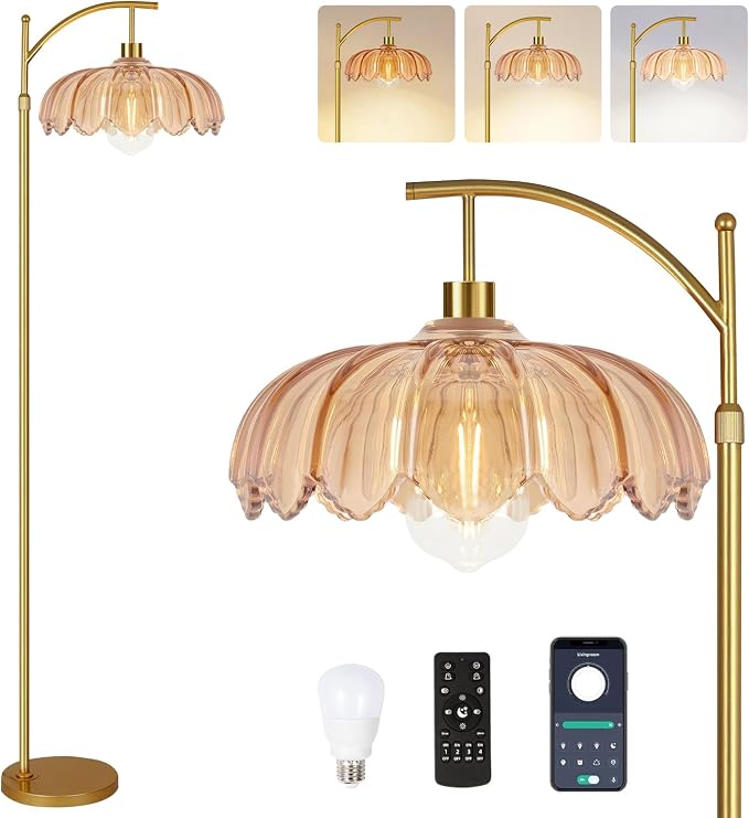 QIYIZM Glass Floor Lamp for Living Room,Bedroom,Gold Dimmable Standing Lamp with Remote,Mid Century Modern Brass Tall Lamp Boho Floor Lamps Arc Stained Flower Floor Light Lamp Bohemian