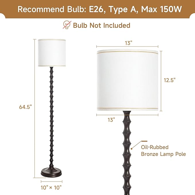 EUO 64.5" Dark Brown Floor Lamp for Living Room, Rustic ORB Floor Lamp | Bamboo Floor Lamp, Oil-Rubbed Bronze Floor Lamp, Rustic, Farmhouse, Minimalist Home Decor, For Living Room, Bedroom, Bookroom