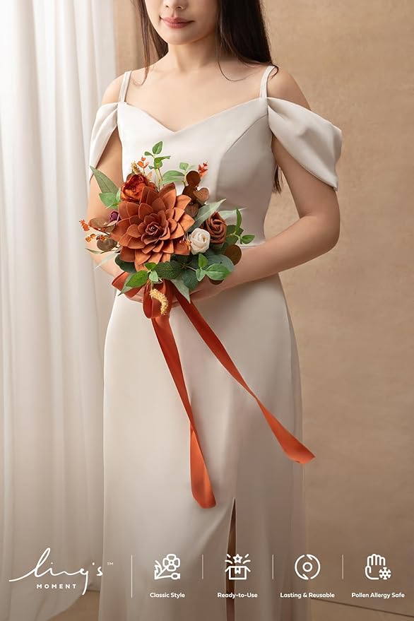 Ling's moment Burnt Orange Bridesmaid Bouquet, Terracotta Wedding Bouquets for Bridesmaids, 7 Inch Bridal Bouquets for Bridesmaids, Wedding, Ceremony, Anniversary, etc.