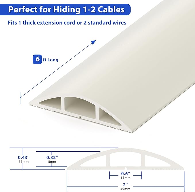 Floor Cord Cover 6ft, Cord Hider Floor Hide Extension Cords, Floor Cable Management Prevent Cable Trips, Floor Cable Cover Wire Covers for Cords, Cable Protector Cord Cavity W0.6in x H0.32in Beige
