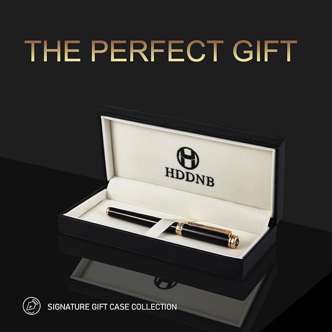 HDDNB Black Luxury Fountain Pen Set for Men and Women with Gift Box, 24K Gold Finish and Gilded Nib(Medium) with 5 Black Ink Cartridges and Converter