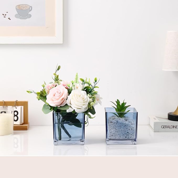 Square Blue Glass Vases Set of 2, 6" x 6" x 6" Square Vase for Centerpieces, Flower Vases for Centerpieces, Small Vase for Wedding, Party, Home Office Decoration